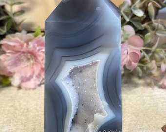 Agate Banded Druzy Tower Agate Crystal Point Gray Quartz Obelisk