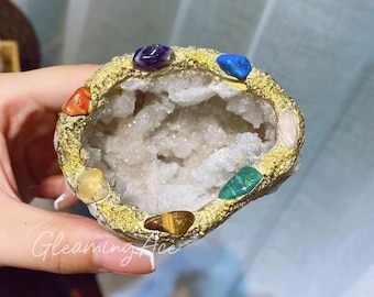 Caja de joyería de ágata geoda de los siete chakras de Marruecos, caja para anillo de compromiso, soporte para anillos (1 unidad)
