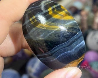 Natural Yellow Blue Tiger's Eye PalmStone Polished Flashy Tiger's Eye Palm Stone Crystal Gifts