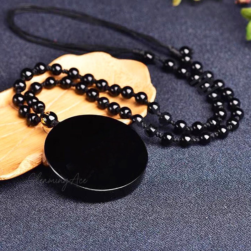 Black Obsidian Mirror Pendant Necklace, Crystal Round