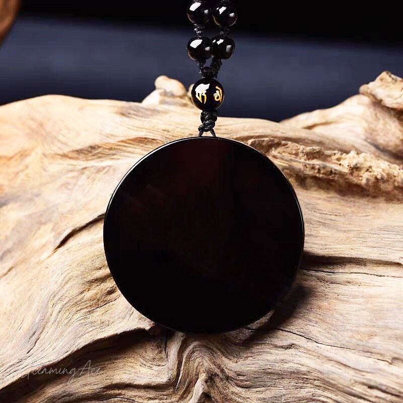 Black Obsidian Mirror Pendant Necklace, Crystal Round