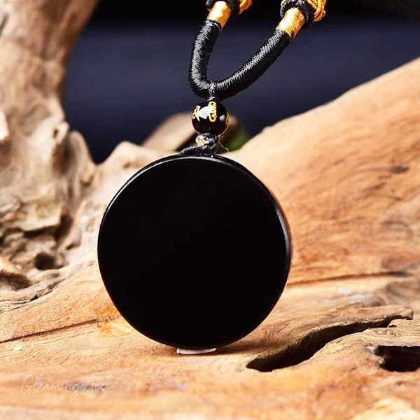 Black Obsidian Mirror Pendant Necklace, Crystal Round Obsidian Pendant, Energy Meditation Necklace