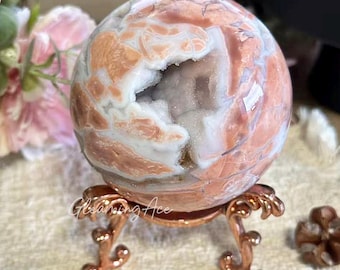 Natural Pink Agate Druzy Sphere with Stand Crystal Healing 70mm