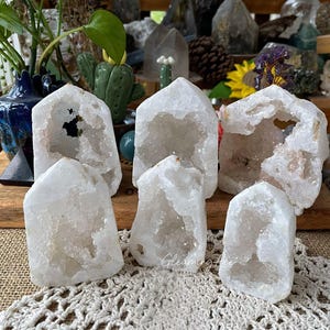 May include: A selection of white quartz crystal geodes, of different sizes and shapes, arranged on a wooden surface. The geodes have a rough, textured exterior and hollow interiors. The background includes decorative items like plants and other crystals.