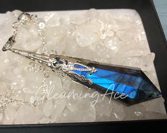 Polished Labradorite Quartz Pendulum Necklace Meditation Healing Dowsing Energy Balancing Pendant Gift