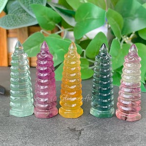 2.3" Mini Rainbow Fluorite Wenchang Pagoda, Candy Fluorite Tower Reiki Healing 1PC