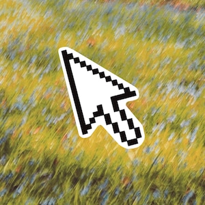 May include: A white computer mouse cursor icon with a thick black outline, featuring a pixelated design. The cursor is angled towards the upper right, set against a blurred, textured background of yellow and green brushstrokes.