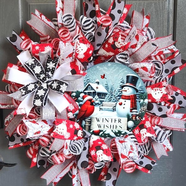 Winter Wishes Snowman Wreath | Red Black White Christmas Door Wreath | Holiday Front Door Decor
