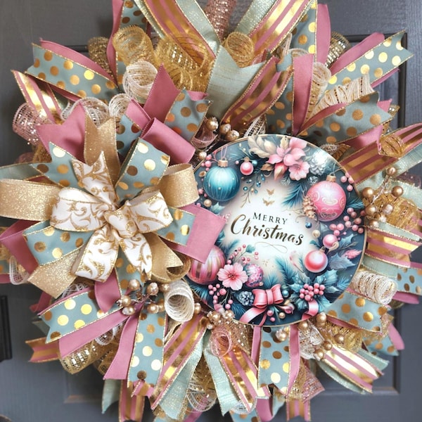 Elegant Pastel Christmas Wreath, Blush Pink Gold Blue Holiday Door Decor, Glam Christmas Ribbon Wreath, Winter Front Door Decoration