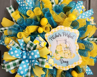 Pitcher perfect day Lemonade wreath, Summer wreath, spring wreath, great gift for lemon decor, bright colors of yellow teal blue, and green.