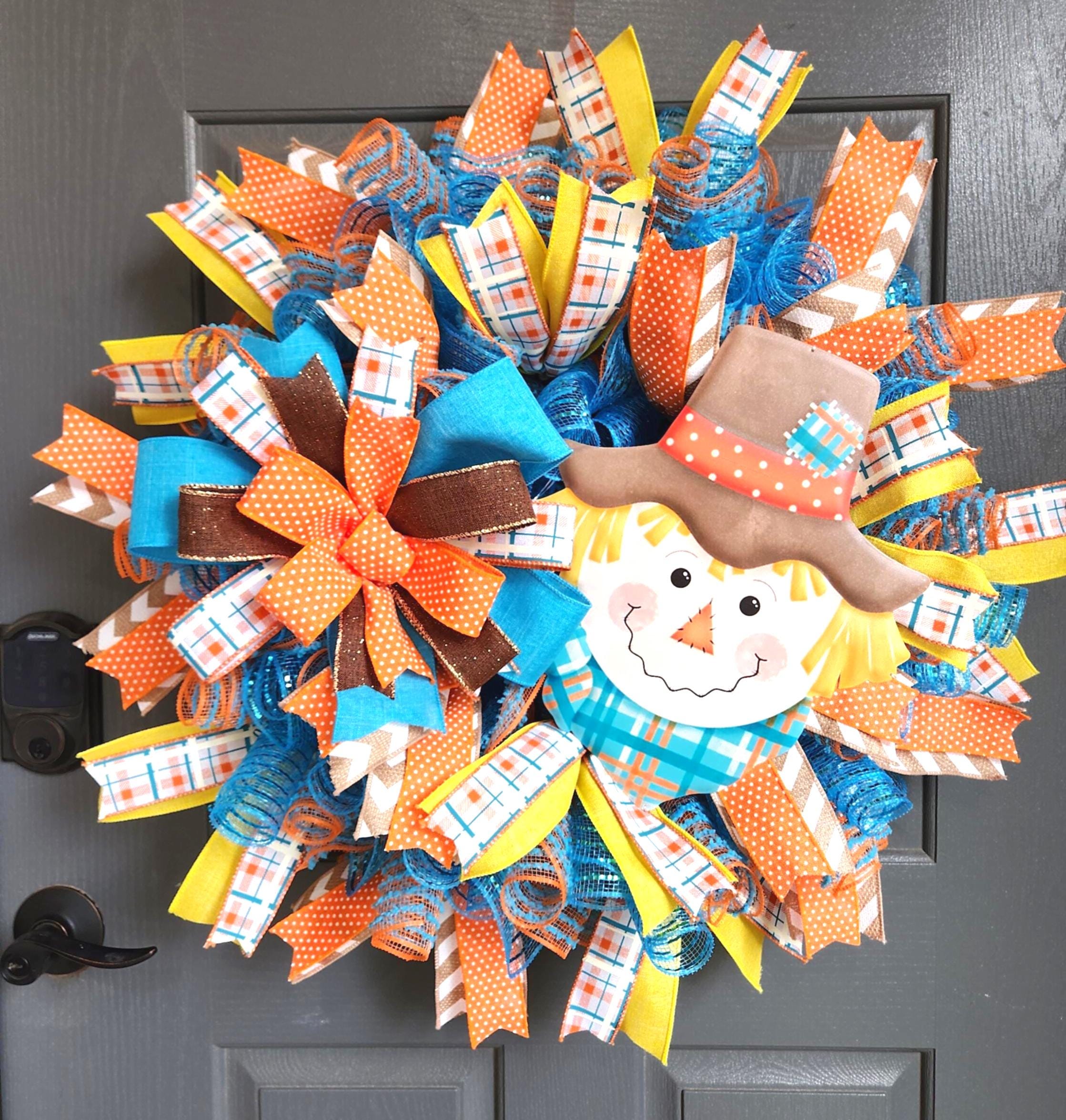 Colorful Fall Scarecrow Wreath for Front Door, Autumn Deco Mesh Wreath with Plaid Ribbons, Farmhouse Fall Decor, Great gift for Thanksgiving