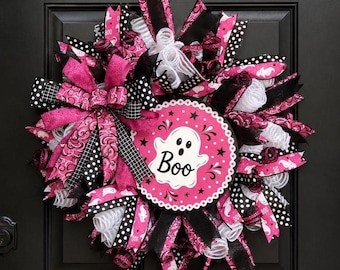 Corona de fantasmas rosa para Halloween, corona de malla decorativa Boo Deco, decoración de Halloween para la puerta principal, linda corona de fantasmas, Halloween rosa y negro
