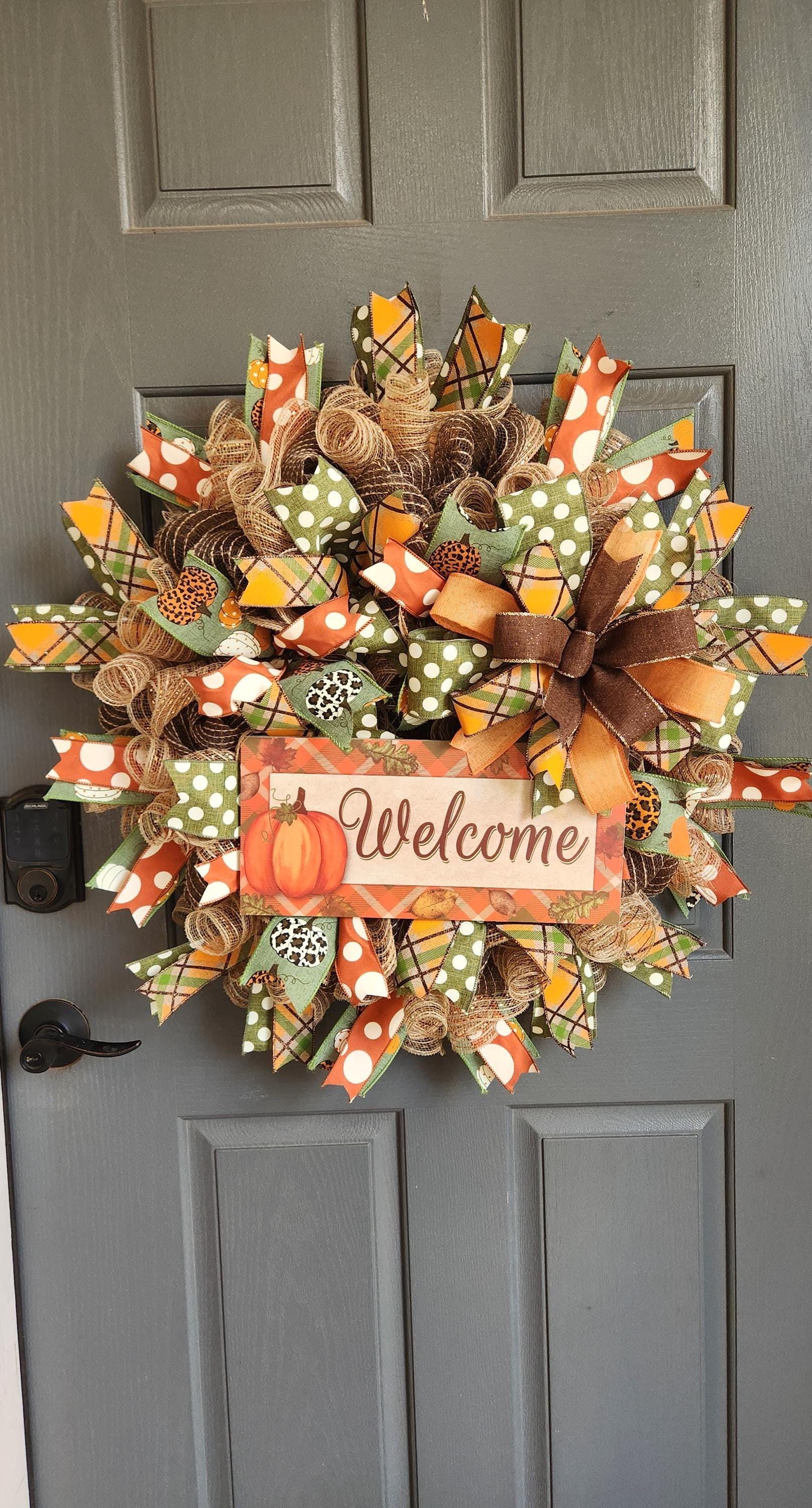 Fall Welcome Wreath for Front Door, Pumpkin Deco Mesh Wreath With Wired ...