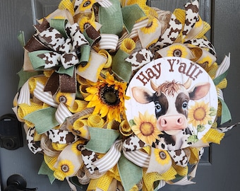 Highland Cow Wreath, "Hay Y'all" Sign, Sunflower Summer Decor