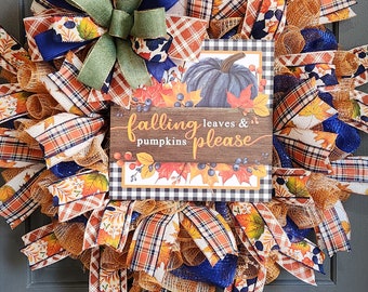 Falling leaves & pumpkins please,  fall wreath, Thanksgiving wreath, pumpkin wreath ,front door wreath, deco mesh wreath, fall door wreath
