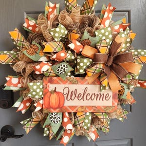 Fall Welcome Wreath for Front Door, Pumpkin Deco Mesh Wreath with wired Ribbon, Autumn Harvest Farmhouse Door Decor, Rustic decor great gift