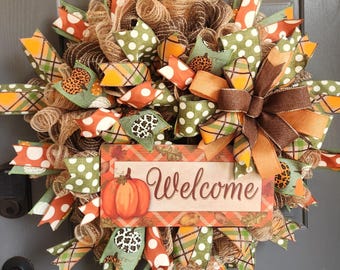 Fall Welcome Wreath for Front Door, Pumpkin Deco Mesh Wreath with wired Ribbon, Autumn Harvest Farmhouse Door Decor, Rustic decor great gift
