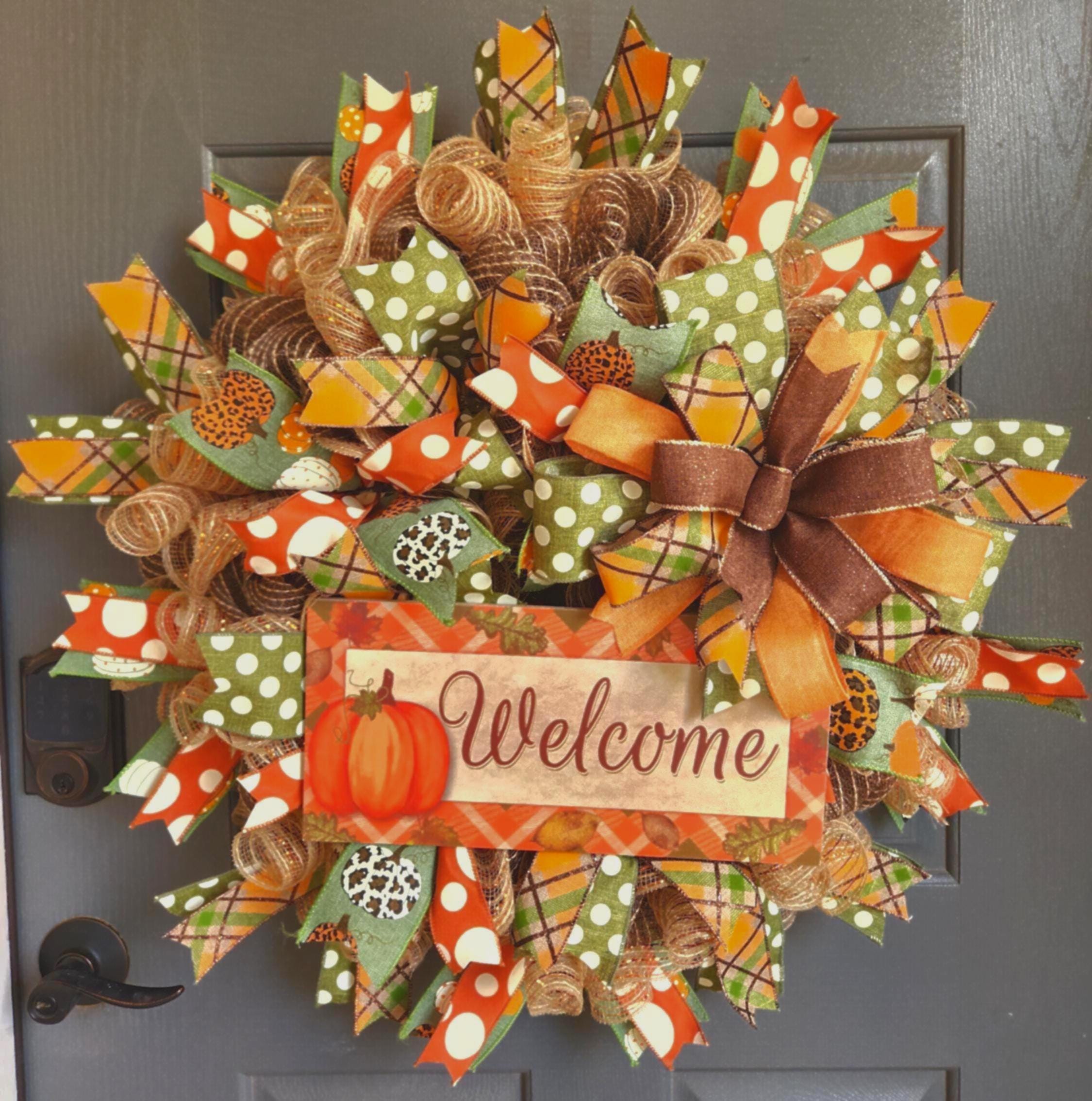 Fall Welcome Wreath for Front Door, Pumpkin Deco Mesh Wreath With Wired ...
