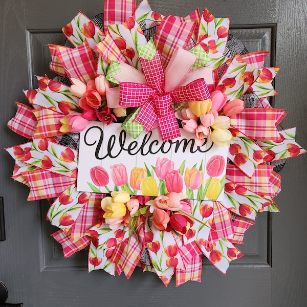 A tulip wreath is great for a spring wreath, deco mesh wreath, colorful wreath, floral wreath, easter wreath, Mother's Day gift, tulip decor