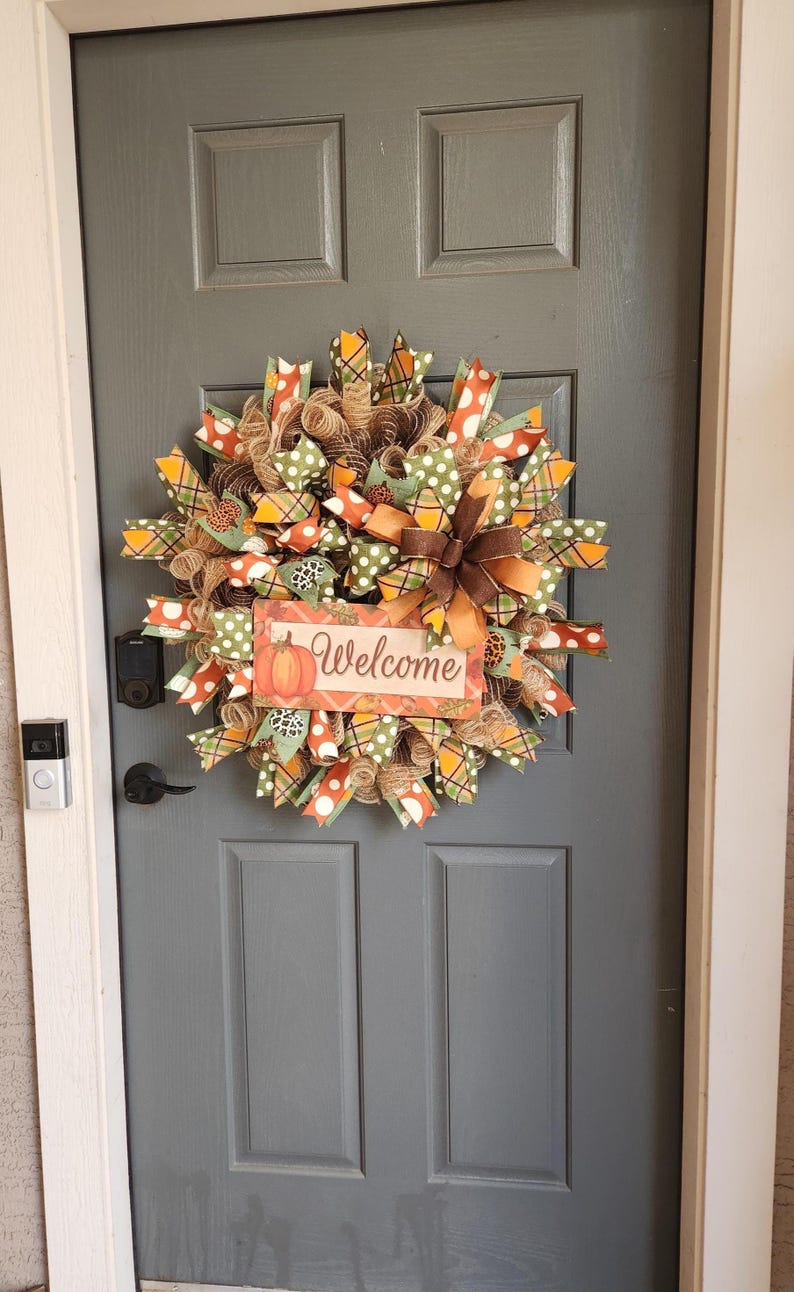 Fall Welcome Wreath for Front Door, Pumpkin Deco Mesh Wreath With Wired ...