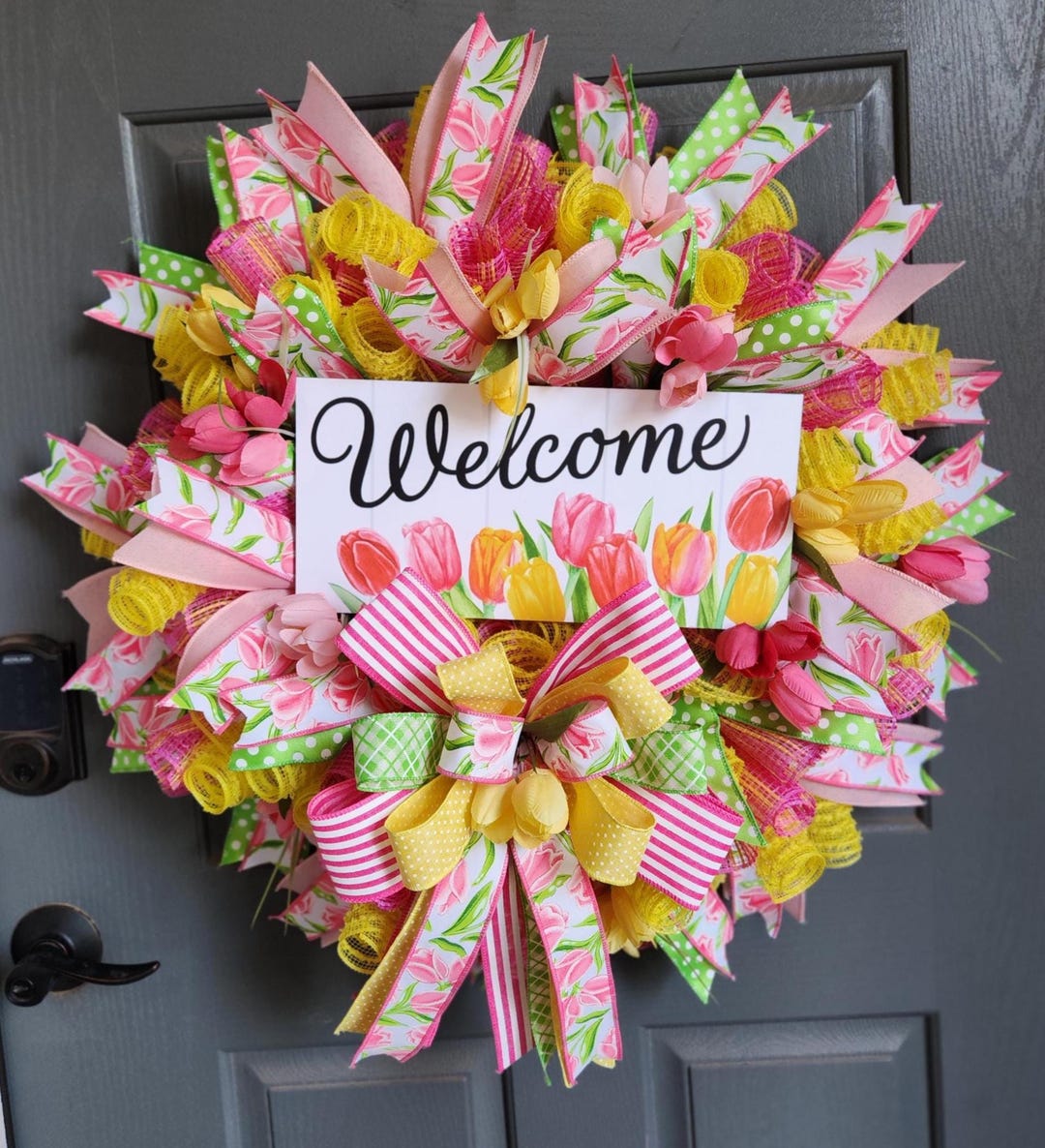 Spring Tulip Welcome Wreath, Pink Yellow Floral Front Door Decor ...