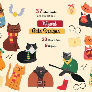 Diseño de gatos magos, gato mágico, imágenes prediseñadas, mago png, imágenes prediseñadas de la escuela de magos, diseño de Potter, arte de Hogwarts