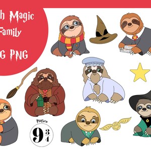 May include: A set of ten digital clipart images featuring sloths dressed as characters from the Harry Potter series. The sloths are wearing wizard robes, hats, and holding wands. The images are in a cartoon style and are perfect for crafting projects, scrapbooking, and more.