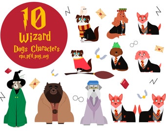 Wizard Design, Dogs Clipart, Magician Clipart bundle, planner sticker,Hogwarts fan, Wizard art, cartoon Dogs