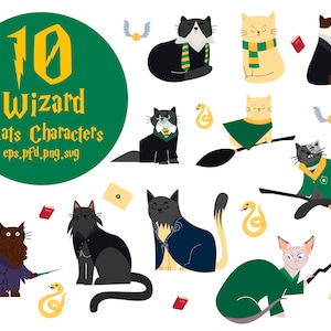 May include: Ten illustrations of cats dressed as wizards. The cats are wearing robes, hats, and holding wands. The illustrations are in a cartoon style and are set against a white background. The text "10 Wizard Cats Characters" is at the top of the image.