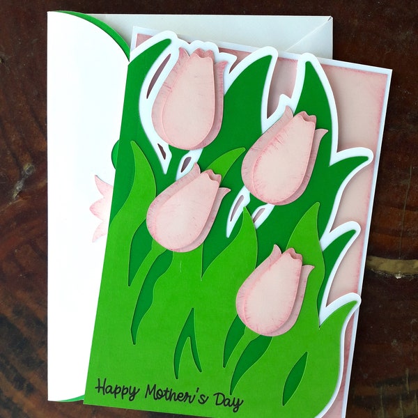 Layered Tulip Greeting Card for Mom, Handmade Mother's Day Card, Pink Floral Greeting Card, Tulip Mother's Day Card, Fancy Mom's Day card