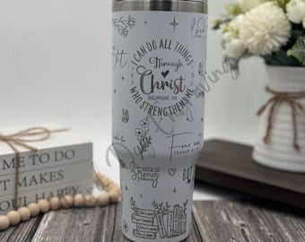 Bible Verses Engraved Tumbler | Cup Holder Friendly Travel Mug | Vacuum Insulated Large Water Bottle | Religious Gift for Her | Bible Books
