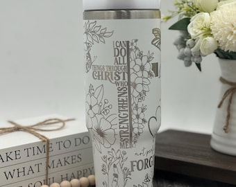 Religious Engraved Bible Tumbler | Handle and Straw | Cup Holder Friendly Travel Mug | Vacuum Insulated Water Bottle | Christian Mom Gift