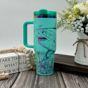 40oz Engraved Tumbler with Handle and Straw | Cup Holder Friendly Travel Mug | Vacuum Insulated Large Water Bottle | Underwater Sharks