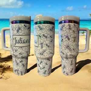Hibiscus flower 40oz Engraved Tumbler with Handle | Leak-Proof Water Bottle with Lid and Straw | Travel Thermos Mug | Vacuum Insulated