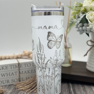 Butterfly Engraved 40oz Tumbler with Handle | Flower Gift for Mom | Travel Thermos Mug | Leak-Proof Lid and Straw | Large Ice Water Bottle