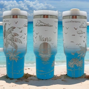40oz Engraved Tumbler with Handle and Straw | Cup Holder Friendly Travel Mug | Vacuum Insulated Large Water Bottle | Tropical Beach Waves