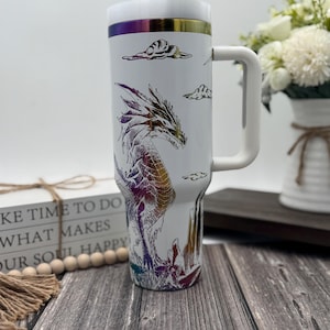 Dragon Flying Engraved Tumbler | Cup Holder Friendly Travel Mug | Vacuum Insulated Large Water Bottle | Legendary Mythical Magical Fantasy