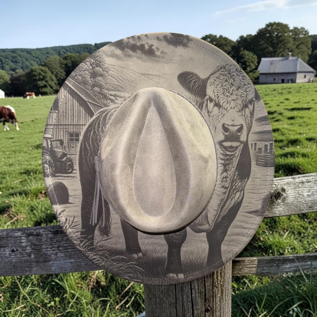 Engraved Cowboy Hat, Western Cowgirl Hat With Cow Farm Scene, Rustic ...