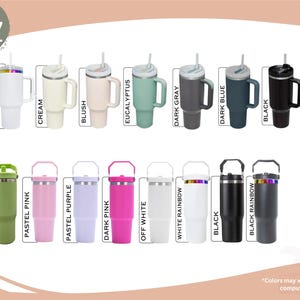 Op de afbeelding: Een verzameling van 30 oz ge&iuml;soleerde bekers in verschillende kleuren, waaronder wit, zwart, teal en roze. Elke beker heeft een handvat, een deksel en een rietje. De afbeelding toont ook de kleurnamen: White Rainbow, Cream, Blush, Eucalyptus, Dark Gray, Dark Blue, Black en Black Rainbow.
