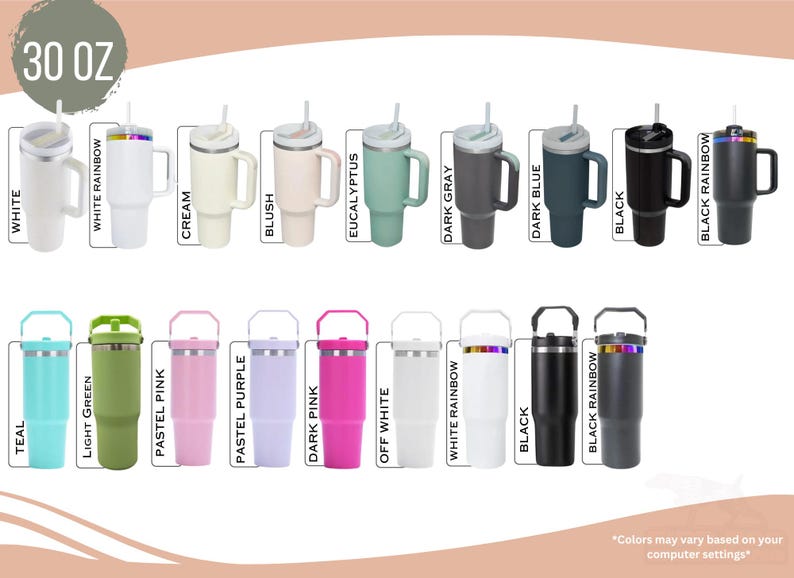 Op de afbeelding: Een verzameling van 30 oz ge&iuml;soleerde bekers in verschillende kleuren, waaronder wit, zwart, teal en roze. Elke beker heeft een handvat, een deksel en een rietje. De afbeelding toont ook de kleurnamen: White Rainbow, Cream, Blush, Eucalyptus, Dark Gray, Dark Blue, Black en Black Rainbow.