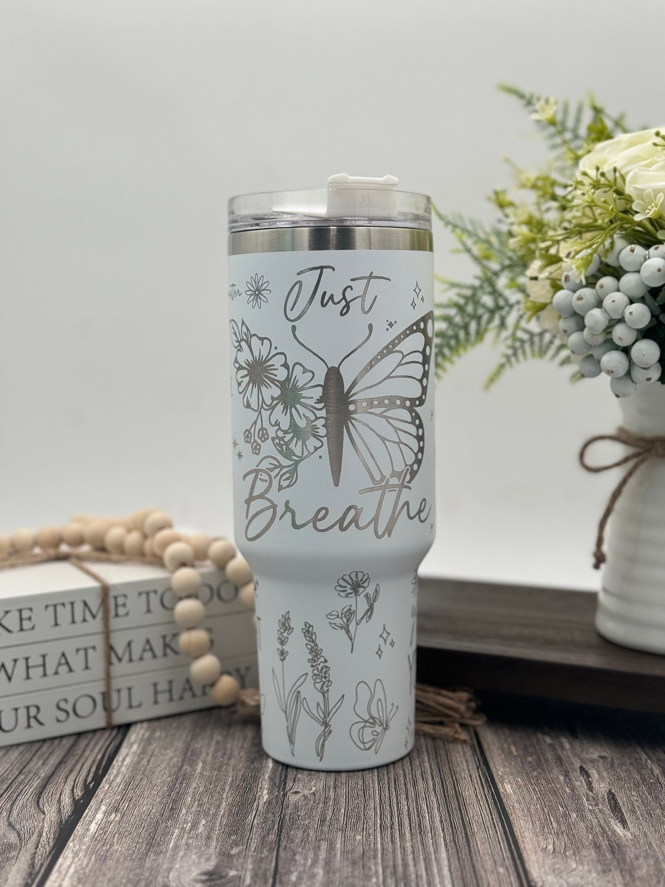 Discover Butterfly 40oz Engraved Tumbler with Handle and Straw