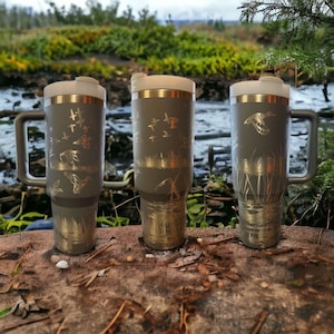40oz Engraved Tumbler with Handle and Straw | Cup Holder Friendly Travel Mug | Vacuum Insulated Large Water Bottle | Duck Hunting Dad Gift
