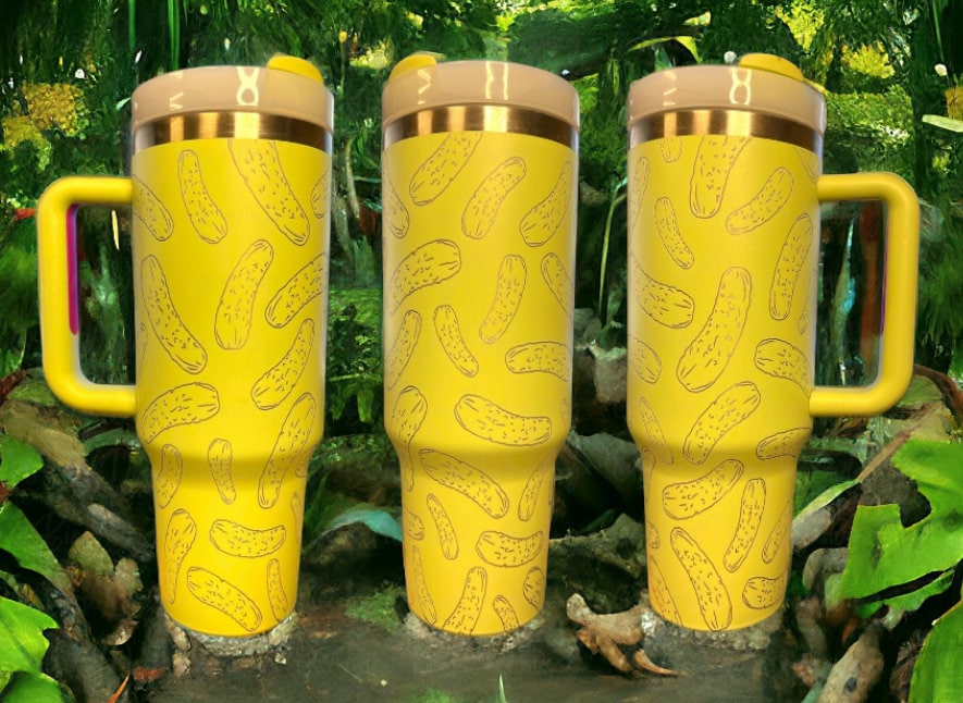 Discover Yellow Pickle 40oz Engraved Tumbler with Handle and Straw