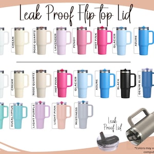 Op de afbeelding: Een verzameling ge&iuml;soleerde bekers met lekvrije flip-top deksels, verkrijgbaar in verschillende kleuren, waaronder wit, cr&egrave;me en zwart. De afbeelding toont bekers van 887 ml en 1183 ml, elk met een handvat. De tekst "Leak Proof Flip Top Lid" is zichtbaar.