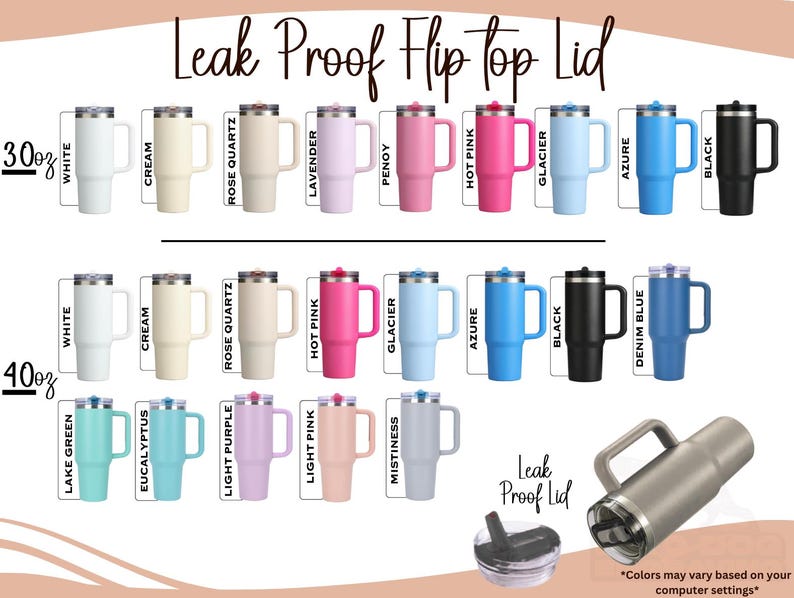 Op de afbeelding: Een verzameling ge&iuml;soleerde bekers met lekvrije flip-top deksels, verkrijgbaar in verschillende kleuren, waaronder wit, cr&egrave;me en zwart. De afbeelding toont bekers van 887 ml en 1183 ml, elk met een handvat. De tekst "Leak Proof Flip Top Lid" is zichtbaar.