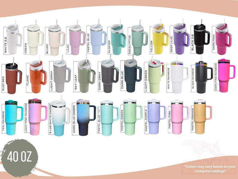 Op de afbeelding: Een verzameling van 40 oz ge&iuml;soleerde bekers in verschillende kleuren, waaronder wit, cr&egrave;me, roze, blauw, groen en zwart. Elke beker heeft een handvat en een rietje. De afbeelding toont een breed scala aan kleuren en ombre-ontwerpen.