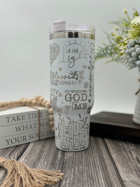 Bible Verses Engraved Tumbler | Cup Holder Friendly Travel Mug | Vacuum Insulated Large Water Bottle | Religious Gift for Her | Bible Books