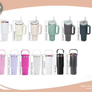 May include: Collection of 30 oz insulated tumblers in various colors, including white, teal, cream, blush, dark gray, and black. Each tumbler has a handle and a straw. Some feature rainbow accents.