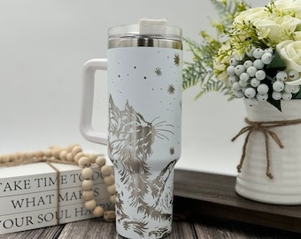 Engraved Cat and Butterfly Tumbler | 40oz Insulated Water Bottle