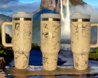 Engraved Fuchsia Flower 40oz Tumbler with Handle, Insulated Travel Mug
